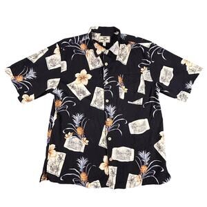 Jamaica Jaxx Shirt Mens Medium Black Silk Hawaiian Floral Pineapple Island Aloha